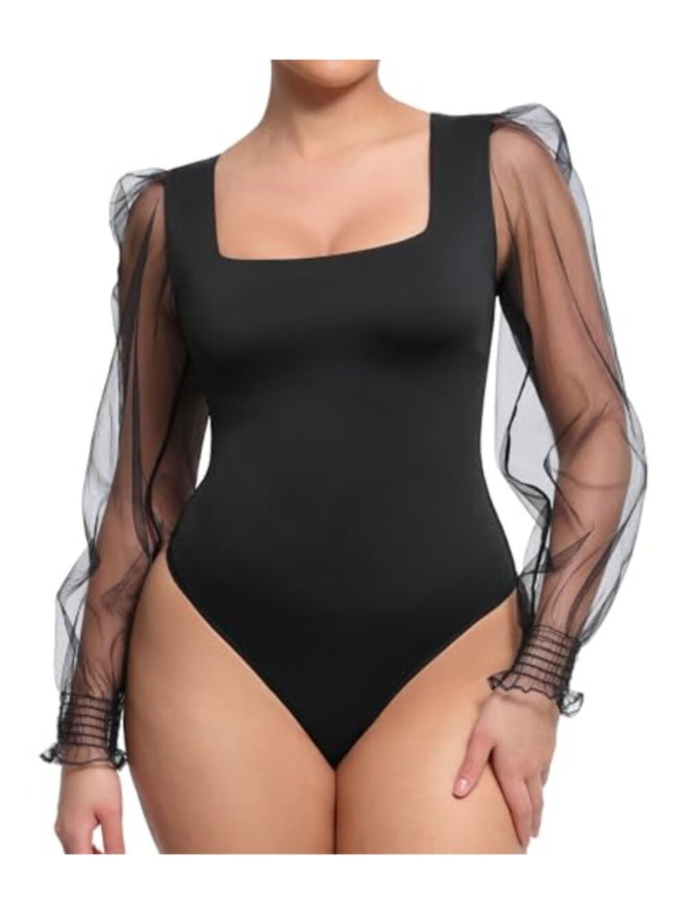FeelinGirl Shapewear Bodysuit Sheer Mesh Square Neck Long Sleeve Thong